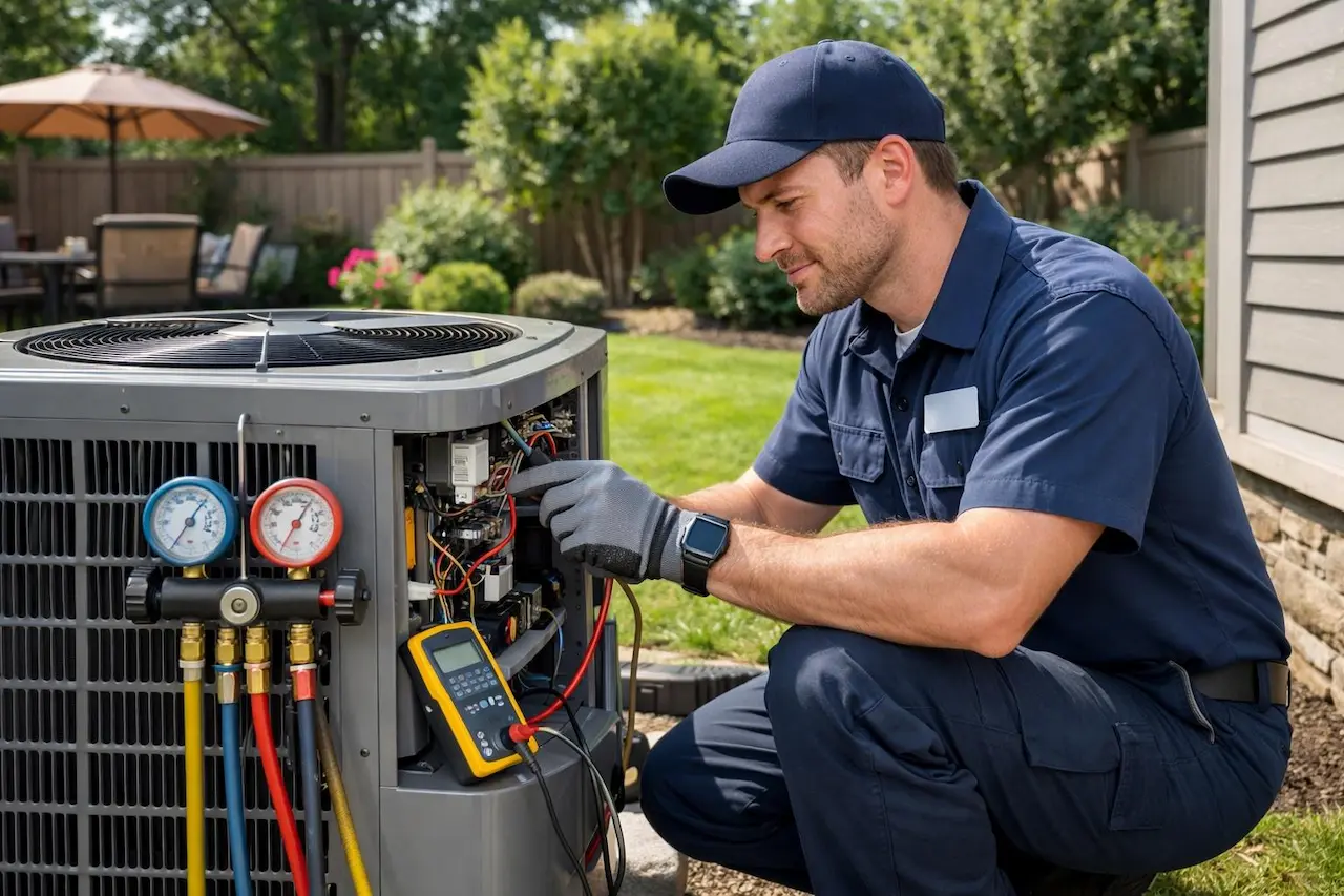 HVAC technician servicing an air conditioning system